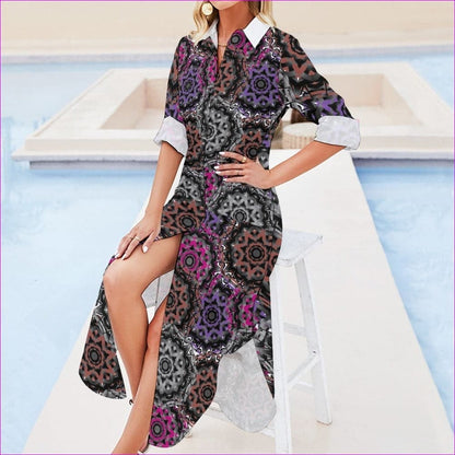 Mandala Graffiti Button Neck Long Sleeve Shirt Dress - women's shirt dress at TFC&H Co.