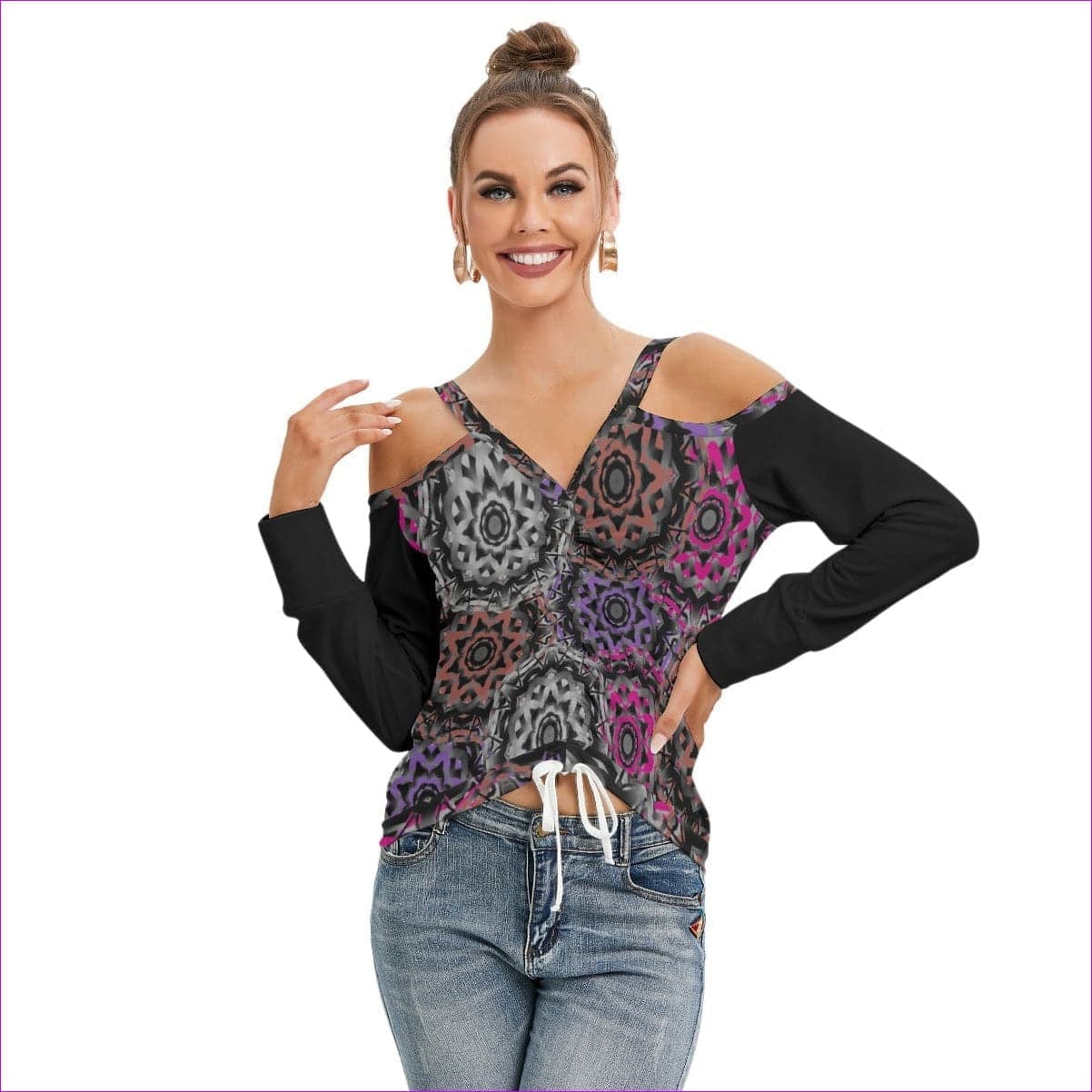 Mandala Graffiti Women’s V-neck Cold Shoulder Blouse With Long Sleeves - women's top at TFC&H Co.