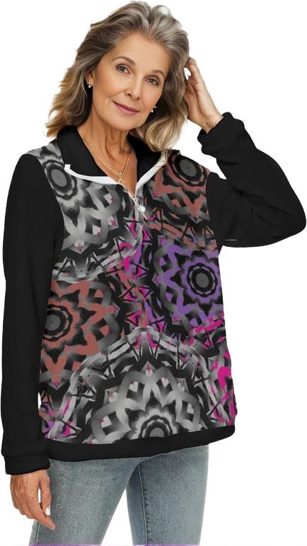 Black Mandala Graffiti Womens Borg Fleece Sweatshirt With Half Zip - women's sweatshirt at TFC&H Co.