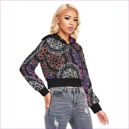 Mandala Graffiti Womens Crop Top Hoodie With Zipper Closure - women's cropped hoodie at TFC&H Co.
