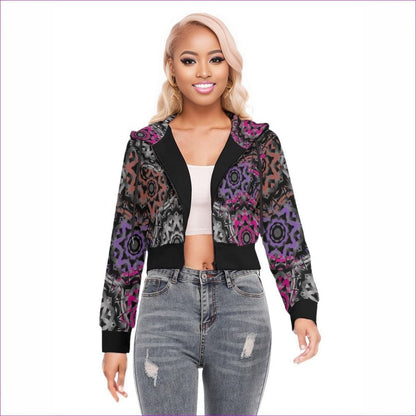 Black Mandala Graffiti Womens Crop Top Hoodie With Zipper Closure - women's cropped hoodie at TFC&H Co.