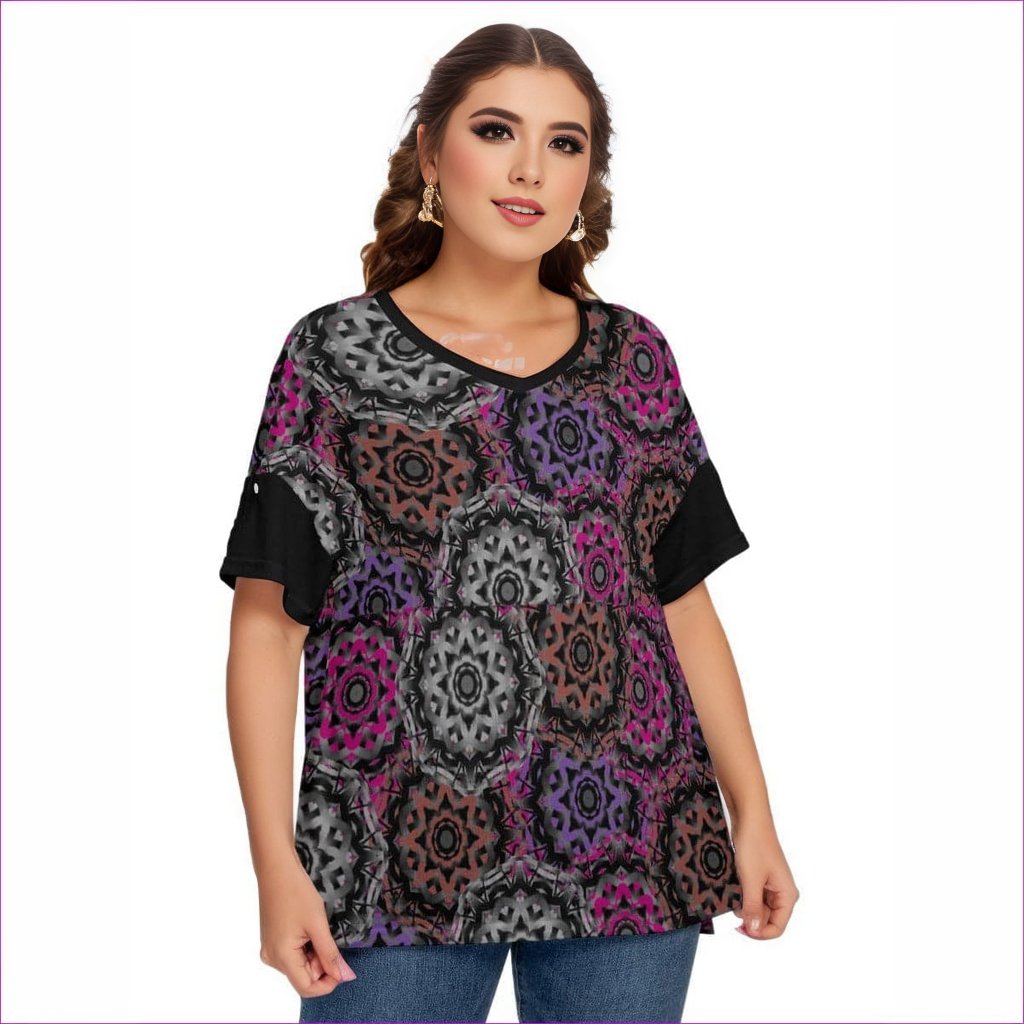 Mandala Graffiti Womens Drop-shoulder Short Sleeve T-shirt With Sleeve Loops(Plus Size) - women's t-shirt at TFC&H Co.