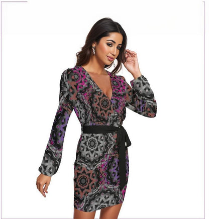 Mandala Graffiti Womens Long Sleeve Dress With Waist Belt - women's dress at TFC&H Co.
