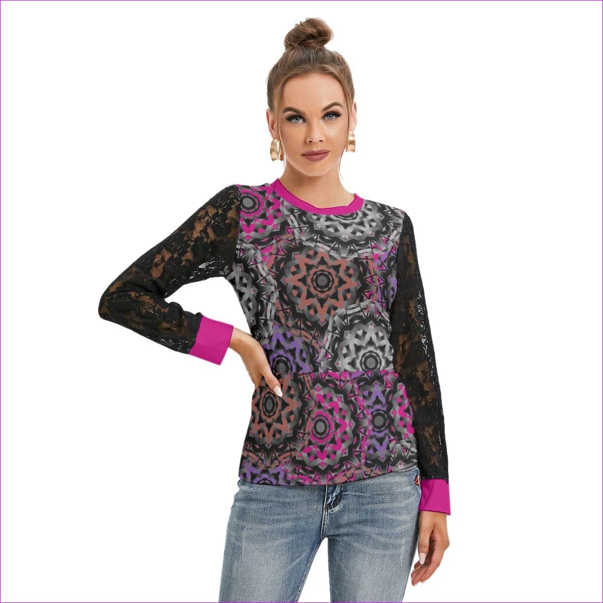 - Mandala Graffiti Womens Top With Black Lace Sleeves - womens lace sleeve top at TFC&H Co.