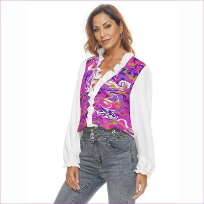 Marbled Pixie Womens Pleated Collar V-neck Blouse - White - women's blouse at TFC&H Co.