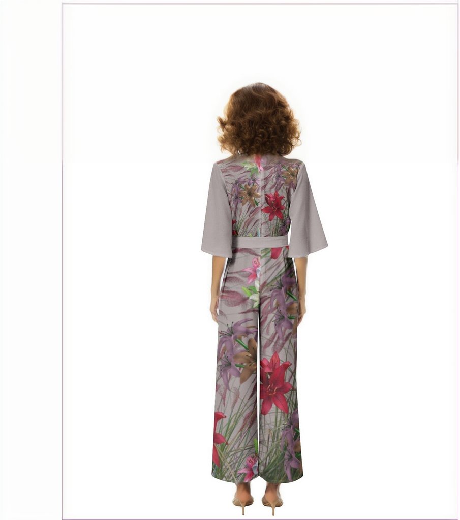 Mauve Gold Floral Dolman Sleeve Belted Wide Leg Jumpsuit - women's jumpsuit at TFC&H Co.