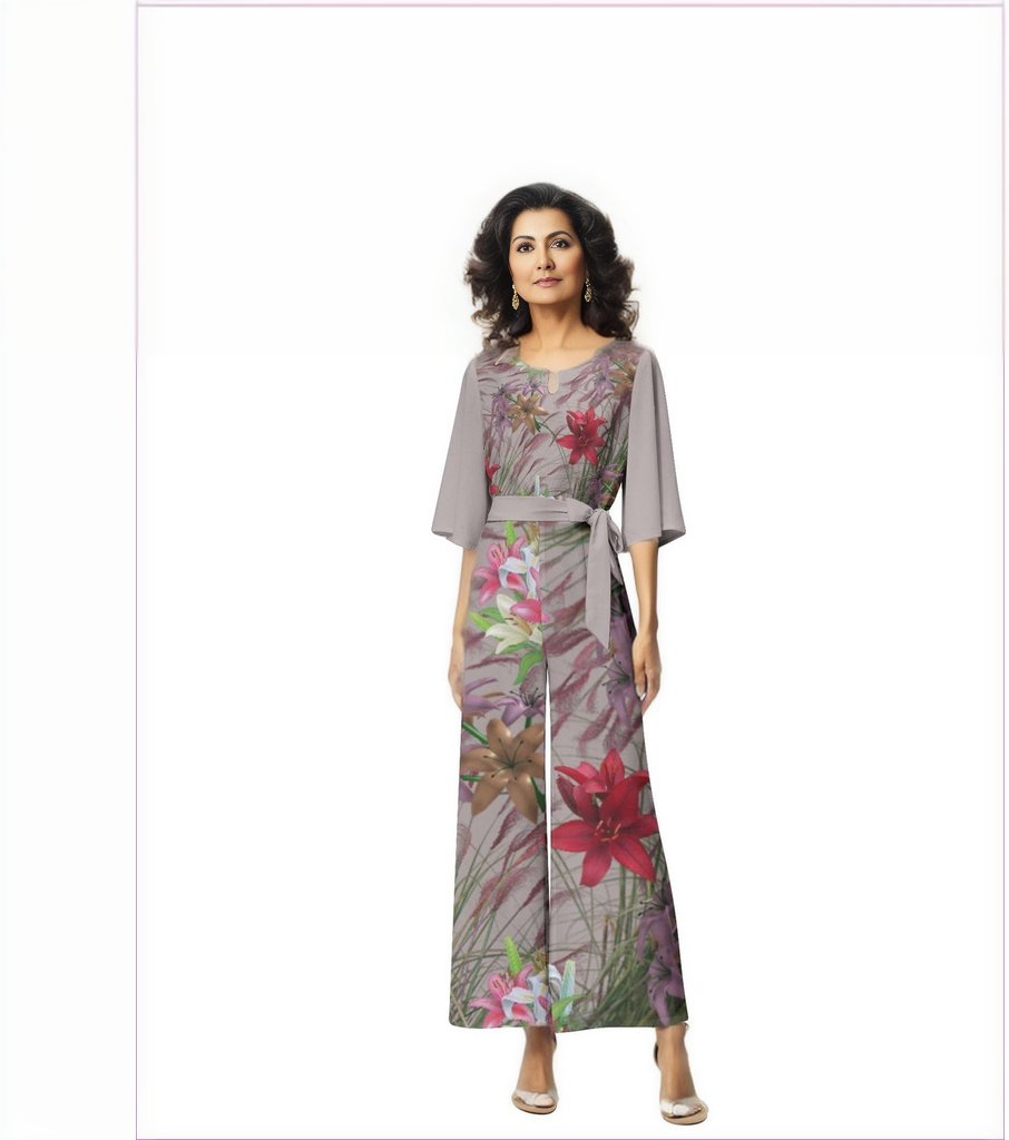 Mauve Gold Floral Dolman Sleeve Belted Wide Leg Jumpsuit - women's jumpsuit at TFC&H Co.