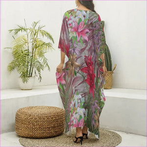 Mauve Gold Floral Womens Imitation Silk V-neck Kaftan Robe - women's robe at TFC&H Co.