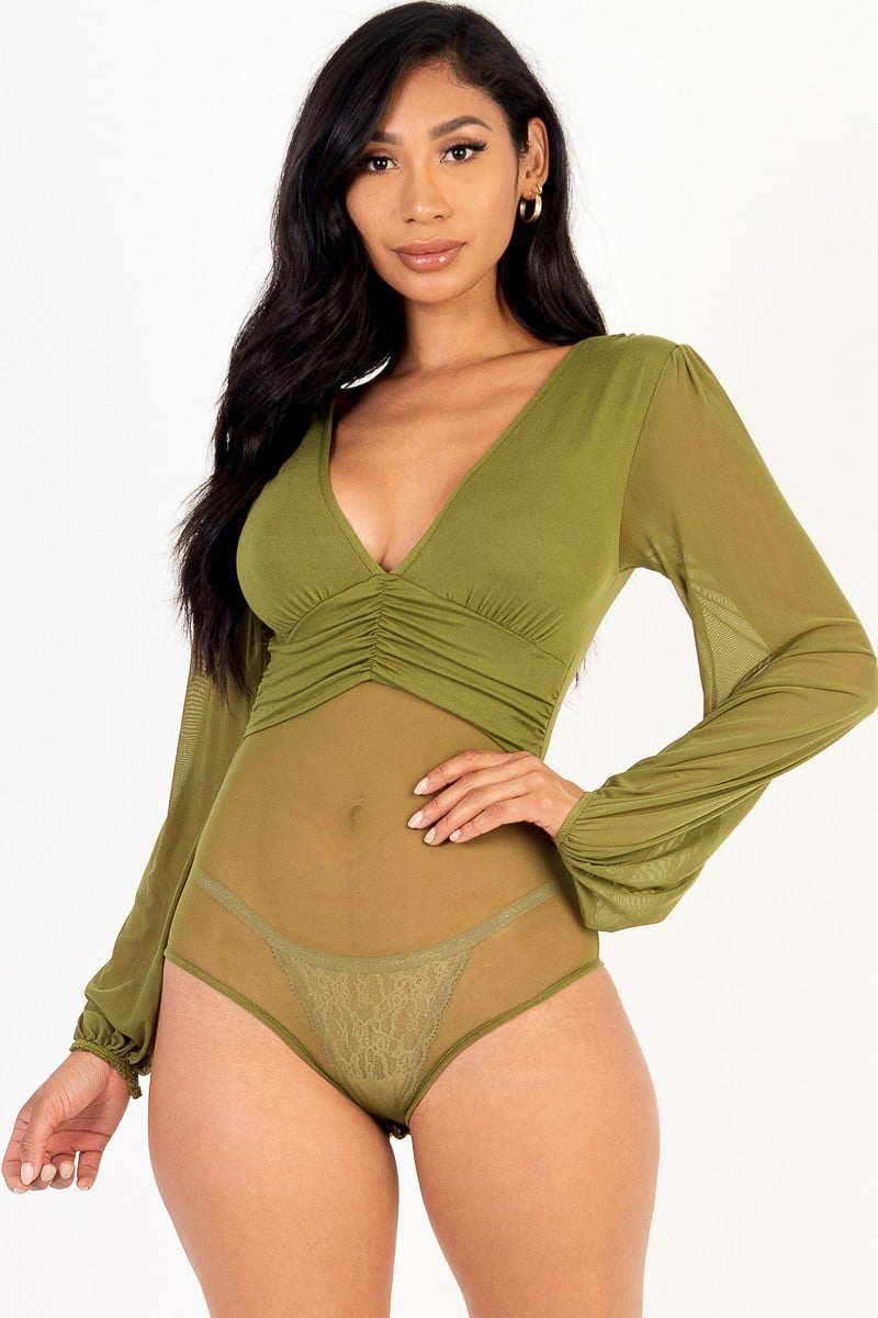 OLIVE BRANCH - Mesh Long Sleeve Deep V Bodysuit - Ships from The US - womens bodysuit at TFC&H Co.