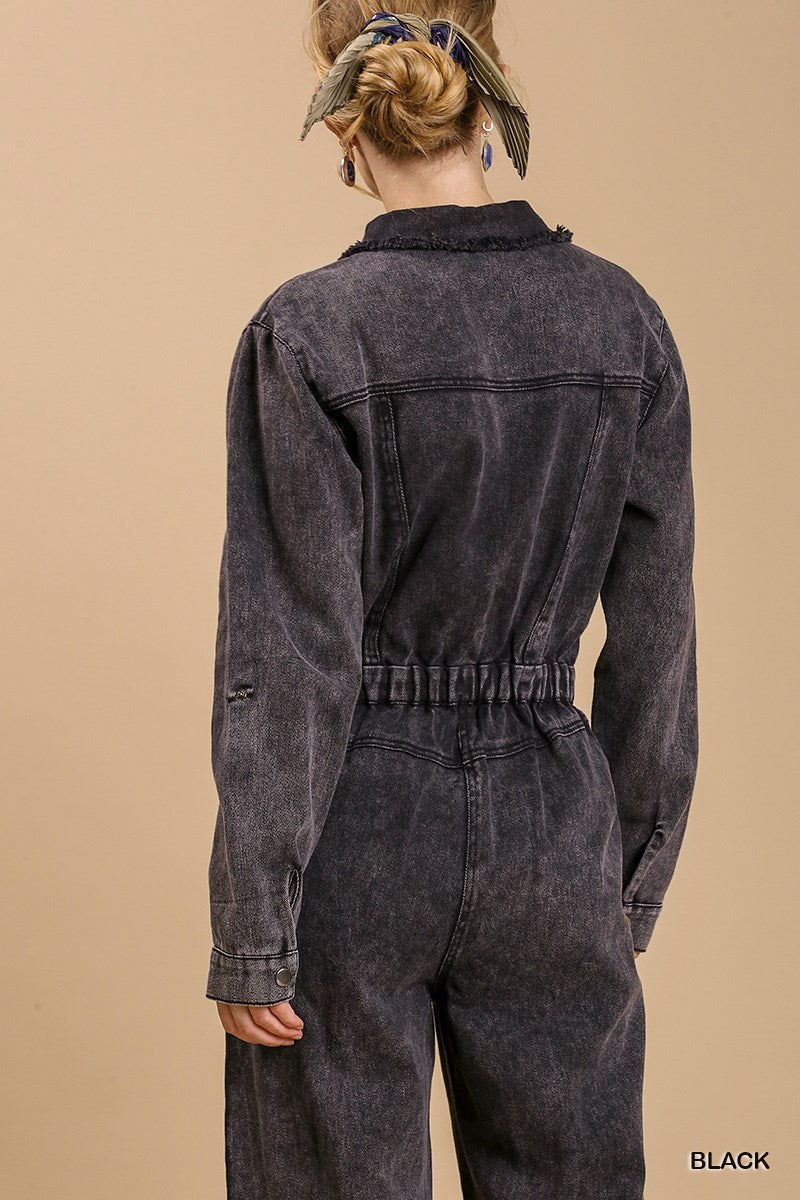 BLACK Mid Button Stone wash Distressed Jumpsuit - Ships from The US - women's jumpsuit at TFC&H Co.