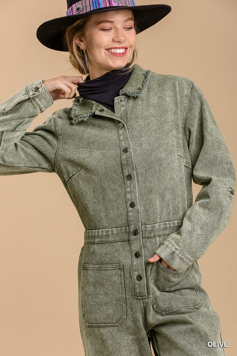 OLIVE - Mid Button Stone wash Distressed Jumpsuit - Ships from The US - womens jumpsuit at TFC&H Co.