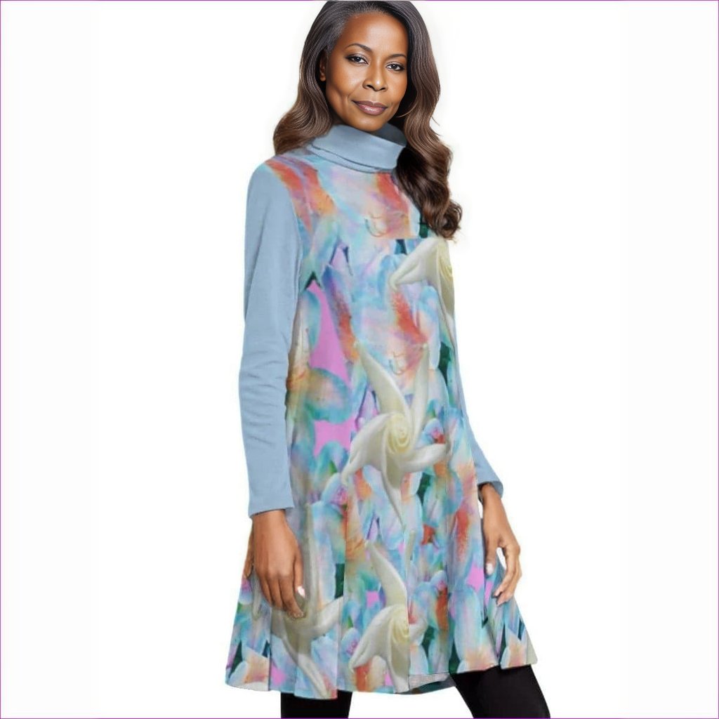 multi-colored - Midnight Floral Womens High Neck Dress With Long Sleeve - womens dress at TFC&H Co.