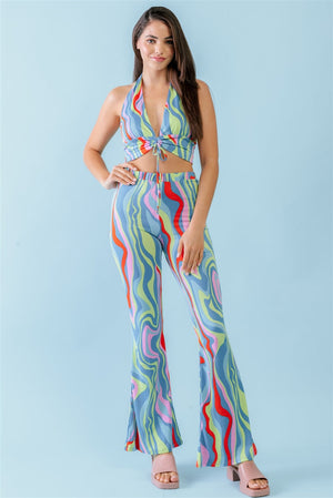 - Multicolor Abstract Print Halter V-neck Ruched Open Back Crop Top & High Waist Pants Set - Ships from The US - womens top & pants set at TFC&H Co.