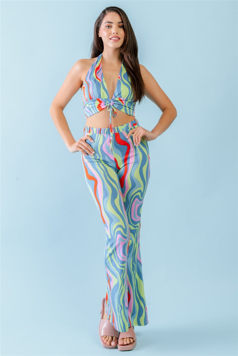 L - Multicolor Abstract Print Halter V-neck Ruched Open Back Crop Top & High Waist Pants Set - Ships from The US - womens top & pants set at TFC&H Co.