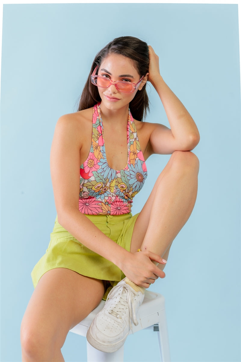 L - Multicolor Floral Print Sleeveless U-neck Self-tie Strap Bodysuit -Ships from The US - womens bodysuit at TFC&H Co.