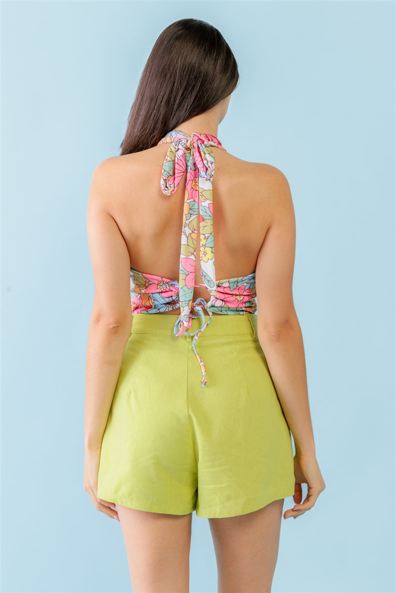 - Multicolor Floral Print Sleeveless U-neck Self-tie Strap Bodysuit -Ships from The US - womens bodysuit at TFC&H Co.