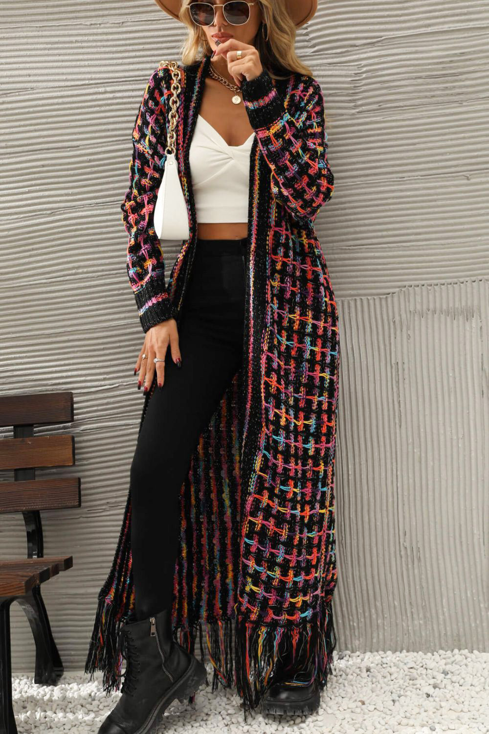 Multicolored Open Front Fringe Hem Cardigan - women's cardigan at TFC&H Co.