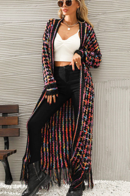 Multicolored Open Front Fringe Hem Cardigan - women's cardigan at TFC&H Co.