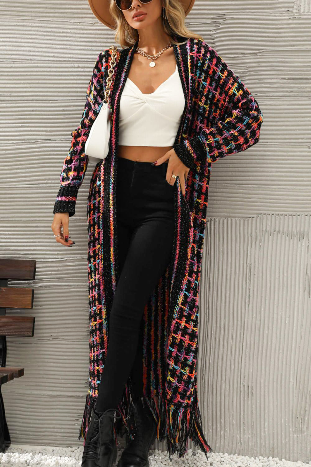 MULTI Multicolored Open Front Fringe Hem Cardigan - women's cardigan at TFC&H Co.