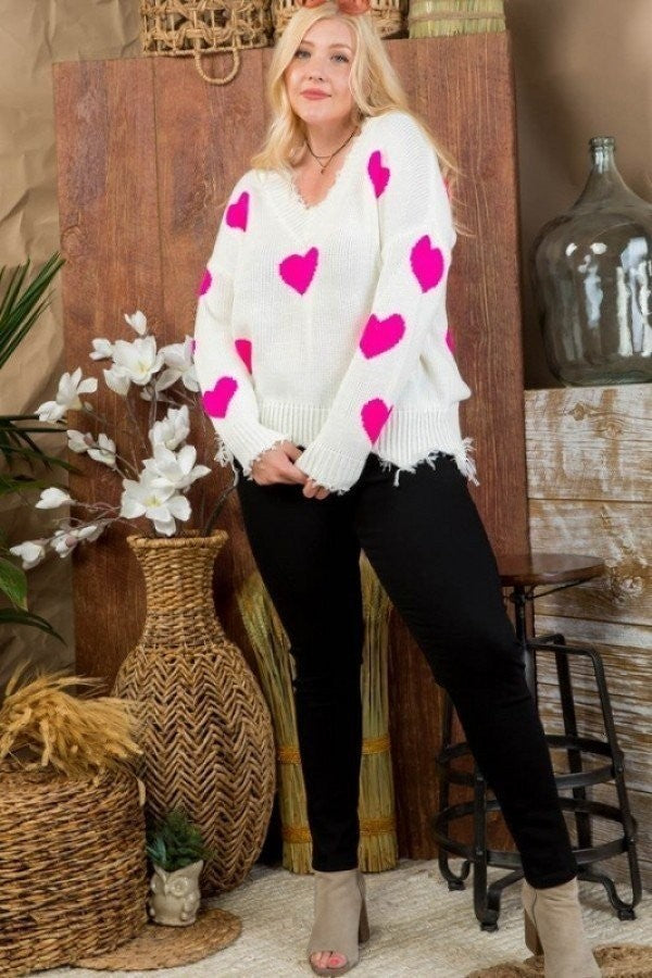 Neon Fuchsia Heart Print Distressed V Neck Long Sleeve Sweater Voluptuous (+) Plus Size - Ships from The US - women's sweater at TFC&H Co.