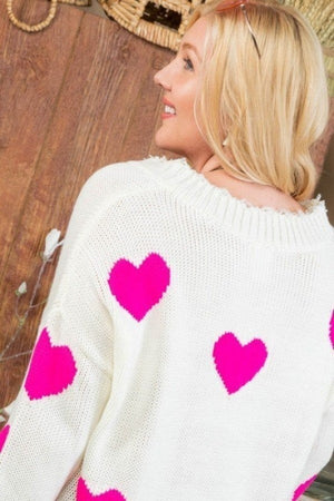 Neon Fuchsia Heart Print Distressed V Neck Long Sleeve Sweater Voluptuous (+) Plus Size - Ships from The US - women's sweater at TFC&H Co.
