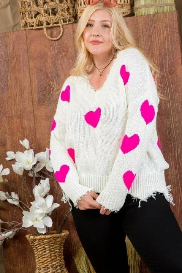 - Neon Fuchsia Heart Print Distressed V Neck Long Sleeve Sweater Voluptuous (+) Plus Size - Ships from The US - womens sweater at TFC&H Co.