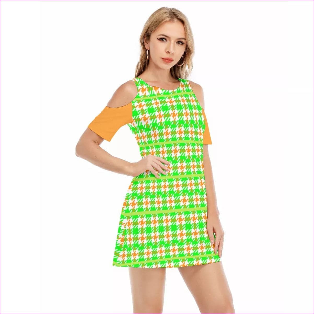 Green - Neon Houndstooth Teen's Cold Shoulder Dress | 100% Cotton - teens dress at TFC&H Co.