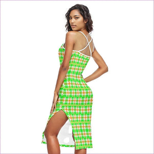 Green - Neon Houndstooth Womens Back Cross Cami Dress - womens dress at TFC&H Co.