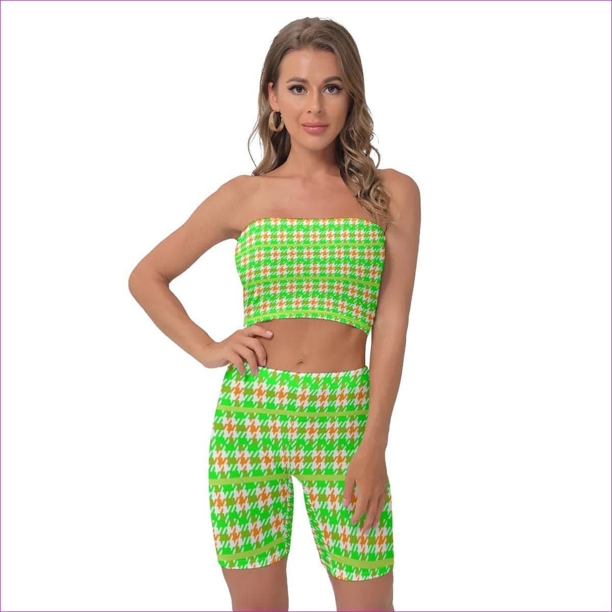 Green - Neon Houndstooth Womens Breast Wrap Shorts Set - womens tube top & short set at TFC&H Co.