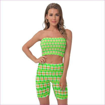 Green Neon Houndstooth Womens Breast Wrap Shorts Set - women's tube top & short set at TFC&H Co.