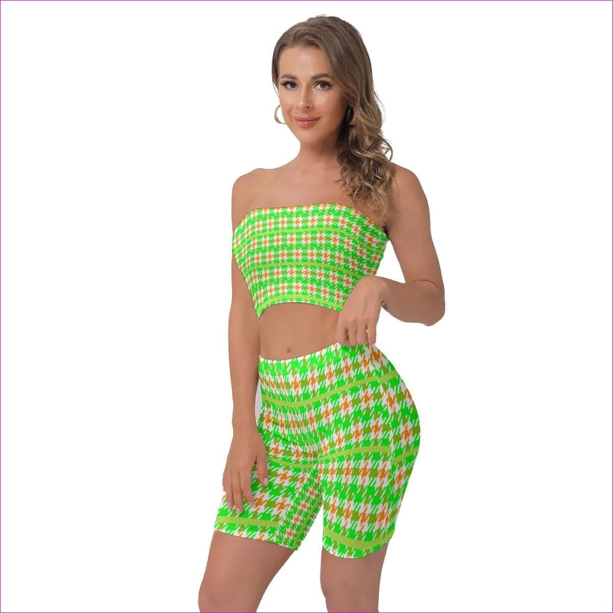 - Neon Houndstooth Womens Breast Wrap Shorts Set - womens tube top & short set at TFC&H Co.