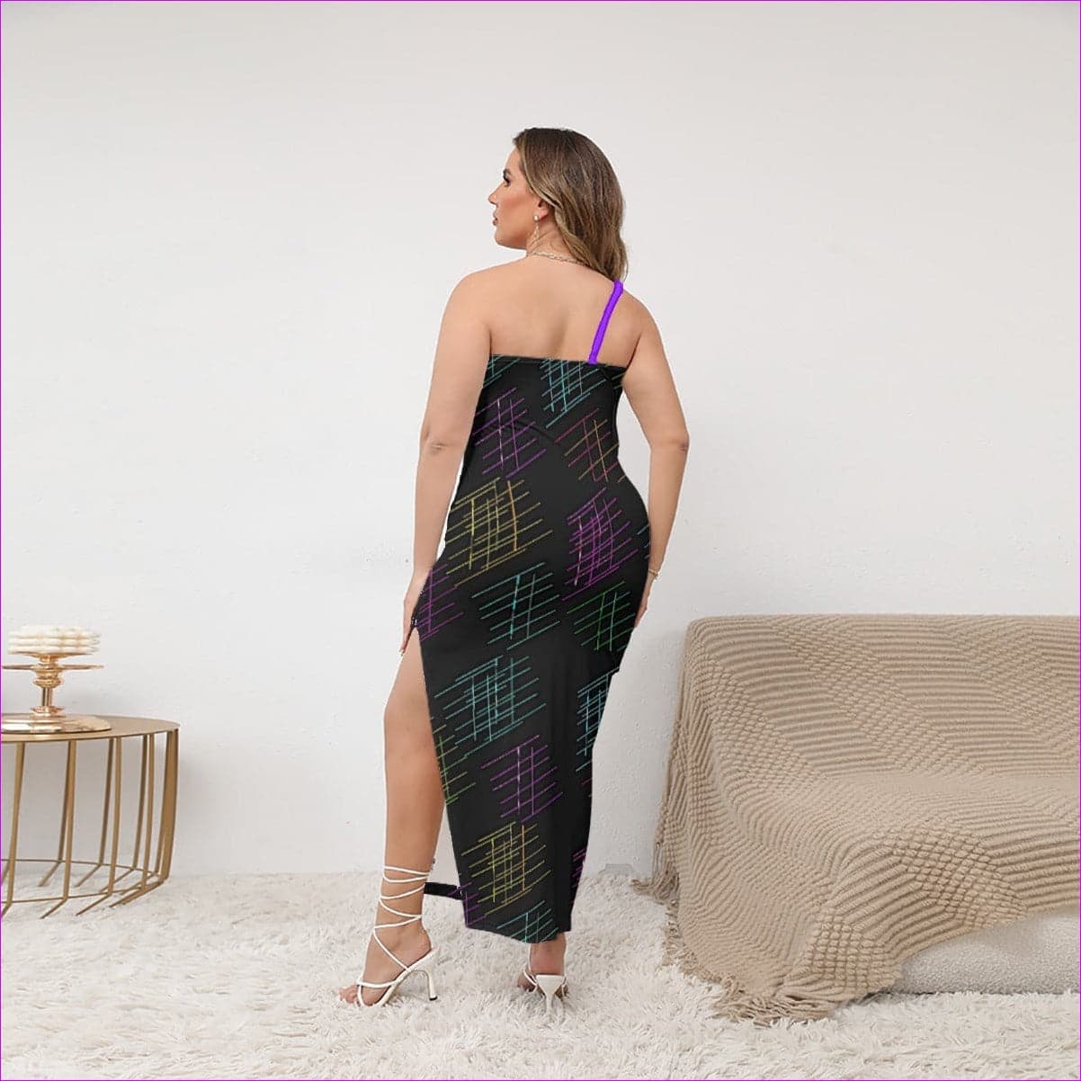 Neon Lines Womens Oblique-Shoulder Exposure Dress With Side Split Voluptuous (Plus Size) - women's dress at TFC&H Co.