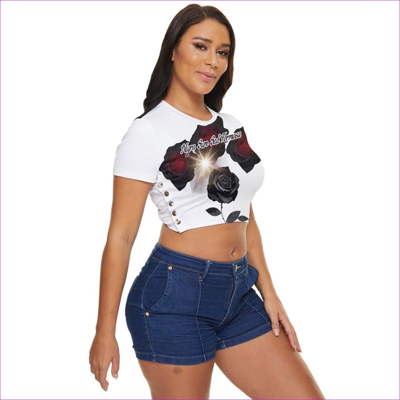 Nigra Sum Sed Formosa Side Button Cropped Tee Voluptuous (+) Size Available - women's crop top at TFC&H Co.