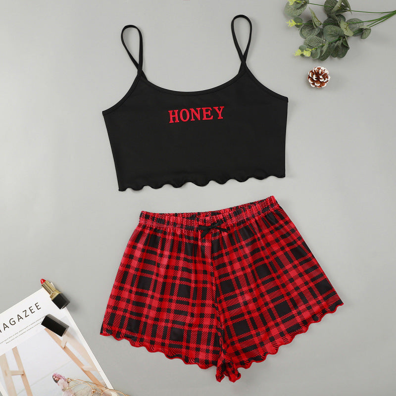 RED Women's Letter HONEY Printed Camisole + Plaid Printed Shorts Homewear Set - women's pajama set at TFC&H Co.
