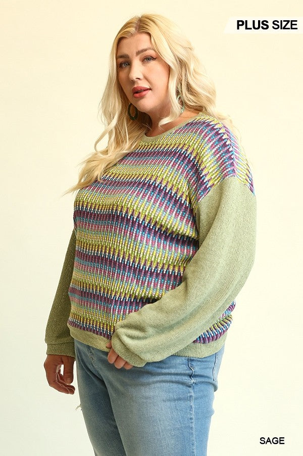 - Novelty Knit And Solid Knit Mixed Loose Top With Drop Down Shoulder Voluptuous (+) Size- 2 colors - Ships from The US - womens sweater at TFC&H Co.