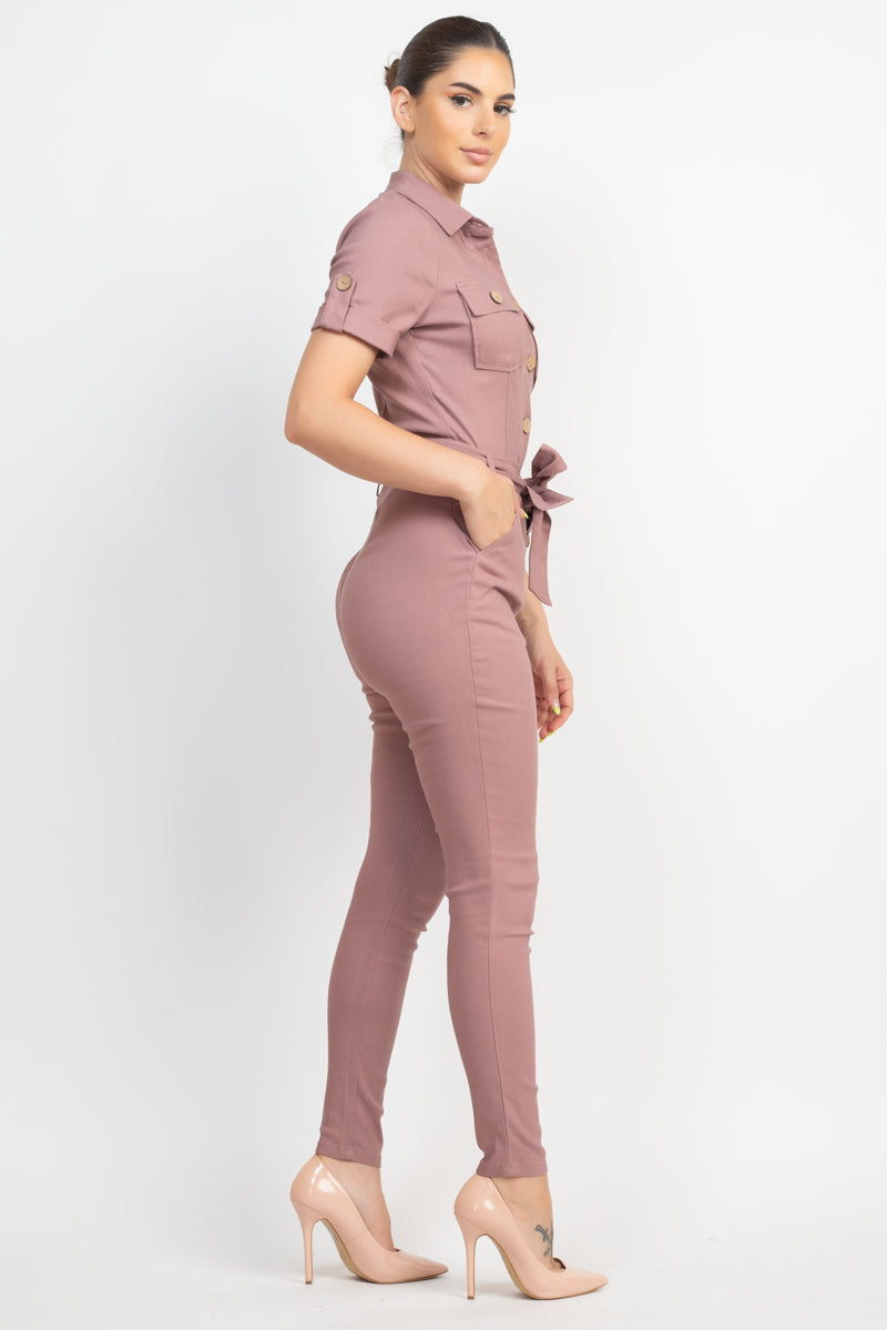 CHOCO MAUVE - Office Approved Collared Waist-tie Buttoned Jumpsuit - 4 colors - Ships from The US - womens jumspuit at TFC&H Co.