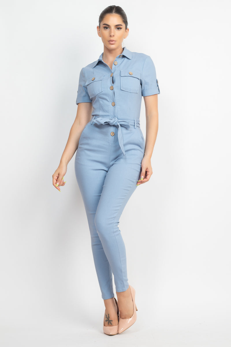 DENIM - Office Approved Collared Waist-tie Buttoned Jumpsuit - 4 colors - Ships from The US - womens jumspuit at TFC&H Co.