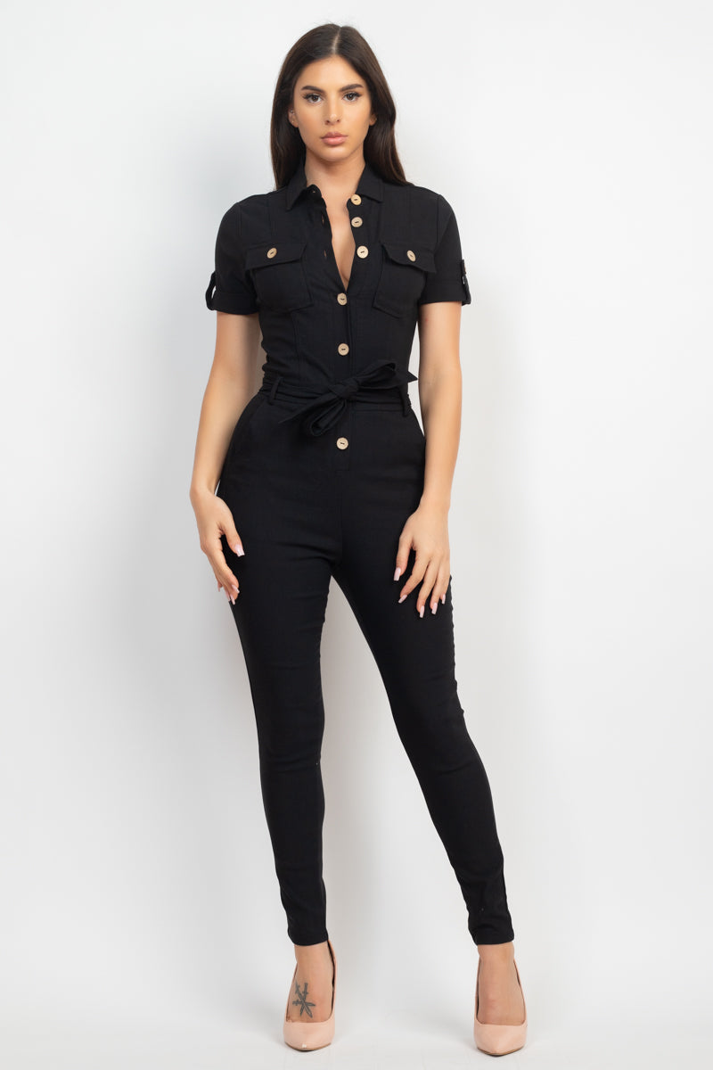 BLACK - Office Approved Collared Waist-tie Buttoned Jumpsuit - 4 colors - Ships from The US - womens jumspuit at TFC&H Co.