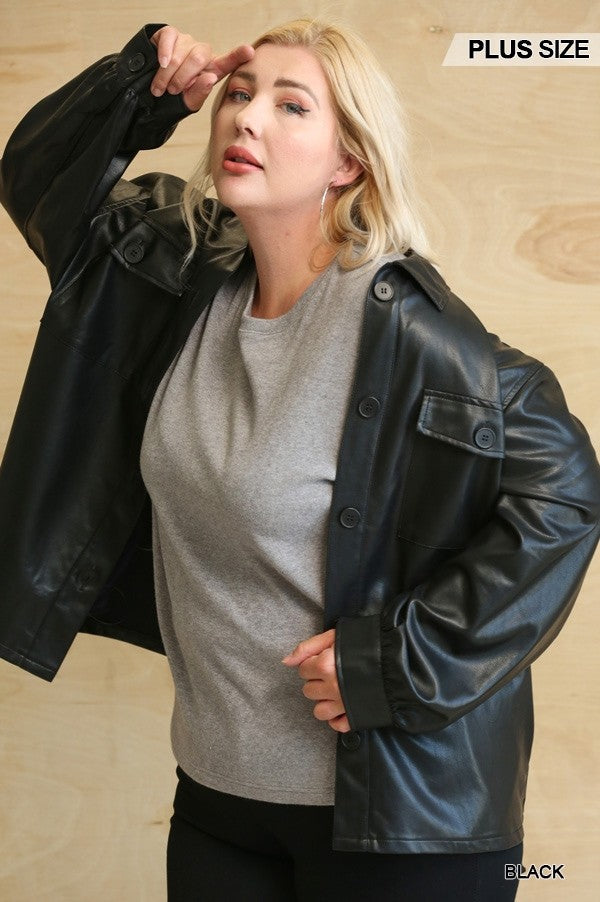 Oh So Stylish Faux Leather Button Down Shacket With Side Pockets Voluptuous (+) Plus Size - 3 colors - Ships from The US - women's jacket at TFC&H Co.