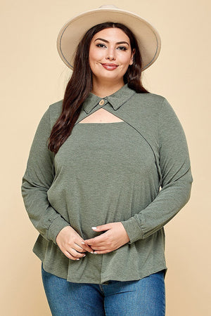 - Olive Smock Solid Long Sleeve Fashion Shirt Voluptuous (+) Plus Size - Ships from The US - womens shirt at TFC&H Co.