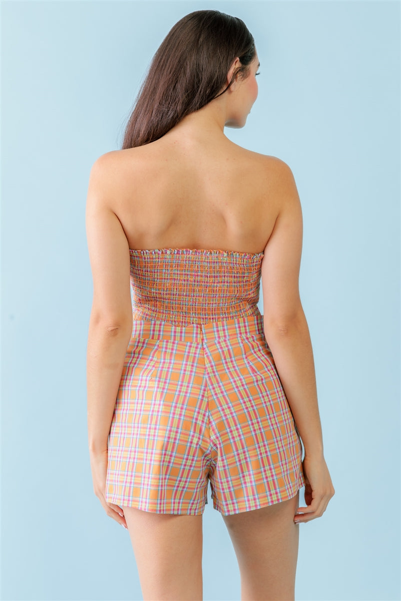 Orange & Aqua Plaid Print Cotton Strapless Crop Top & High Waist Two Pocket Shorts Set- Ships from The US - women's top & short set at TFC&H Co.