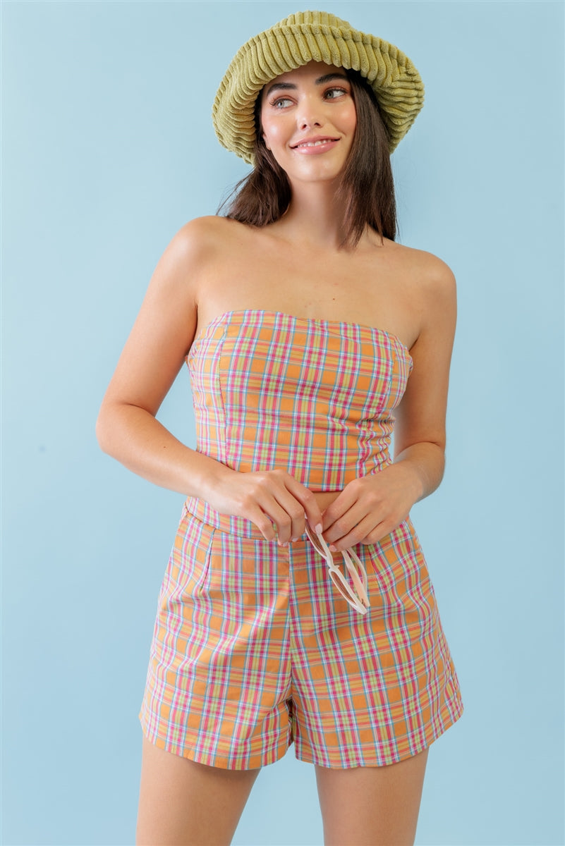 Orange & Aqua Plaid Print Cotton Strapless Crop Top & High Waist Two Pocket Shorts Set- Ships from The US - women's top & short set at TFC&H Co.