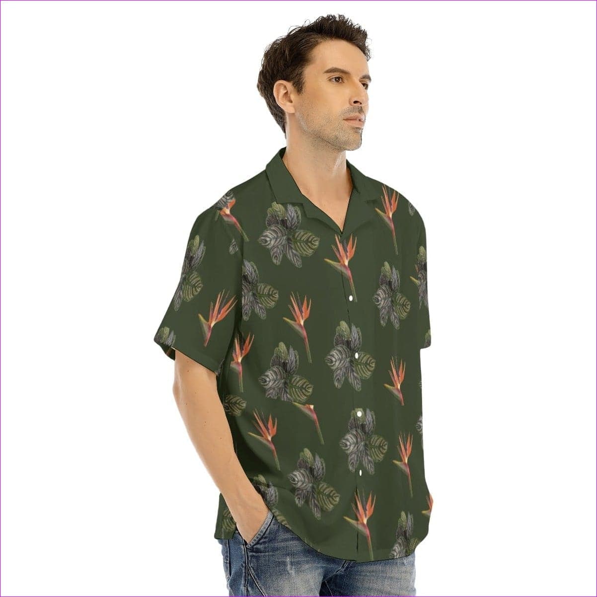 army green - Paradise Men's Army Green Hawaiian Shirt With Button Closure - mens hawaiian shirt at TFC&H Co.