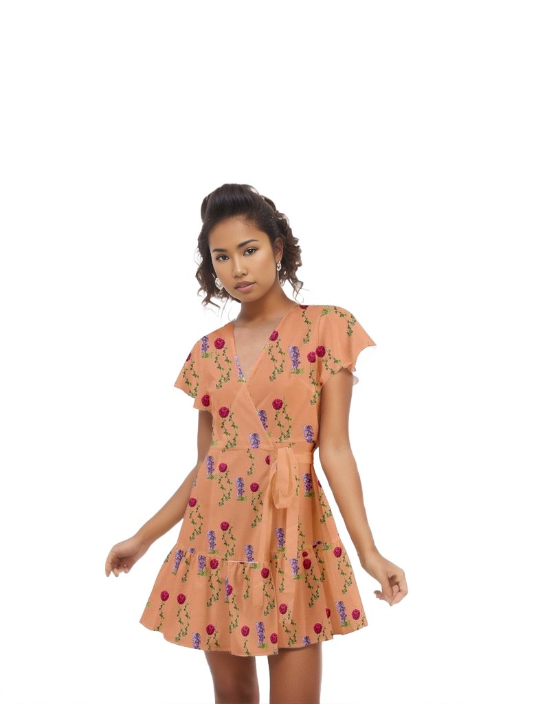Peach Floral Flutter Sleeve Wrap Babydoll Dress - women's dress at TFC&H Co.
