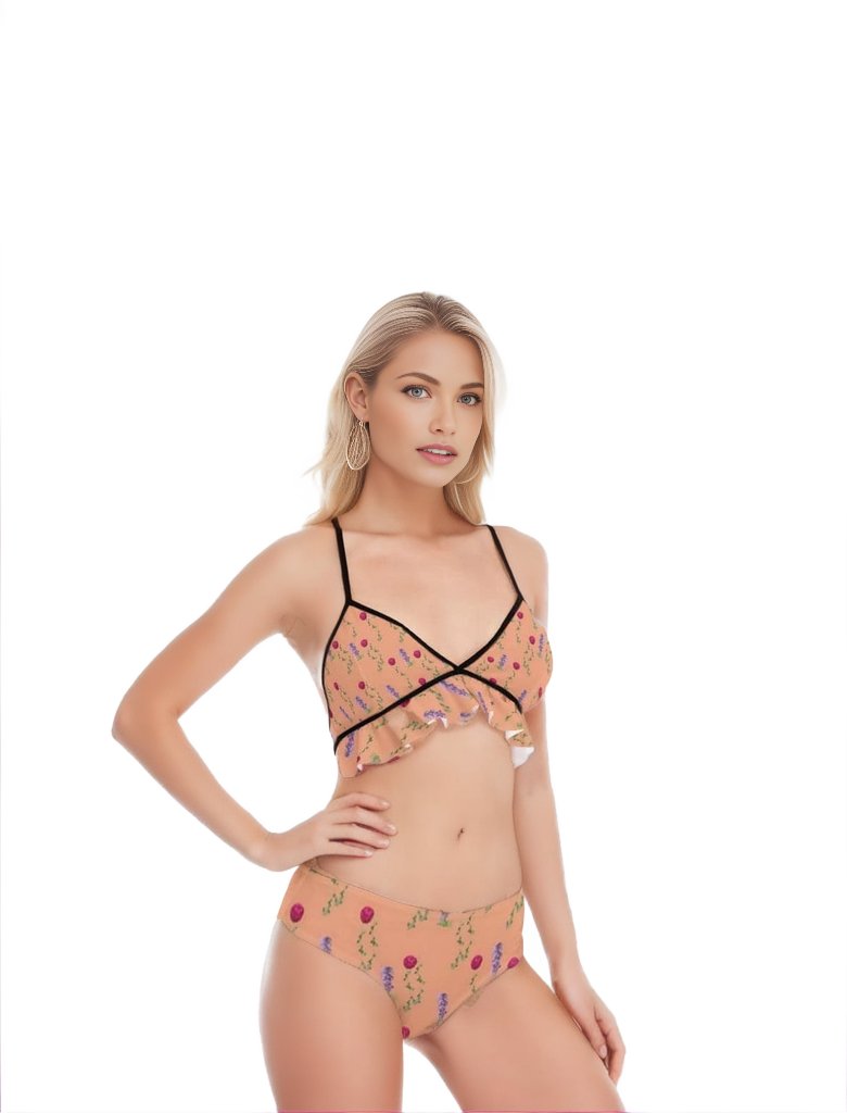 Orange Peach Floral Womens Bikini Swimsuit With Ruffle Hem - women's bikini set at TFC&H Co.