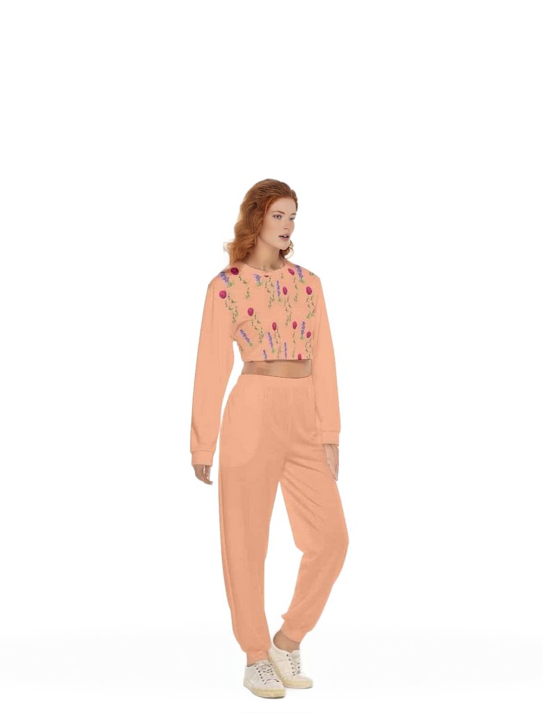 Peach Floral Womens Crop Sweatshirt Suit - women's crop top & pants at TFC&H Co.