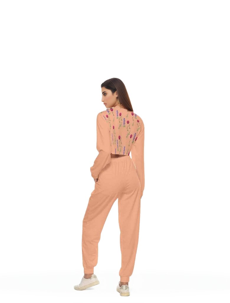 Peach Floral Womens Crop Sweatshirt Suit - women's crop top & pants at TFC&H Co.