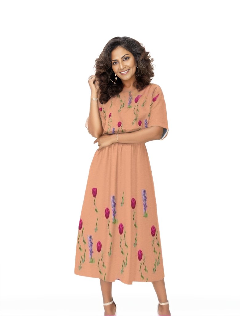Peach Floral Womens Elastic Waist Dress - women's dress at TFC&H Co.