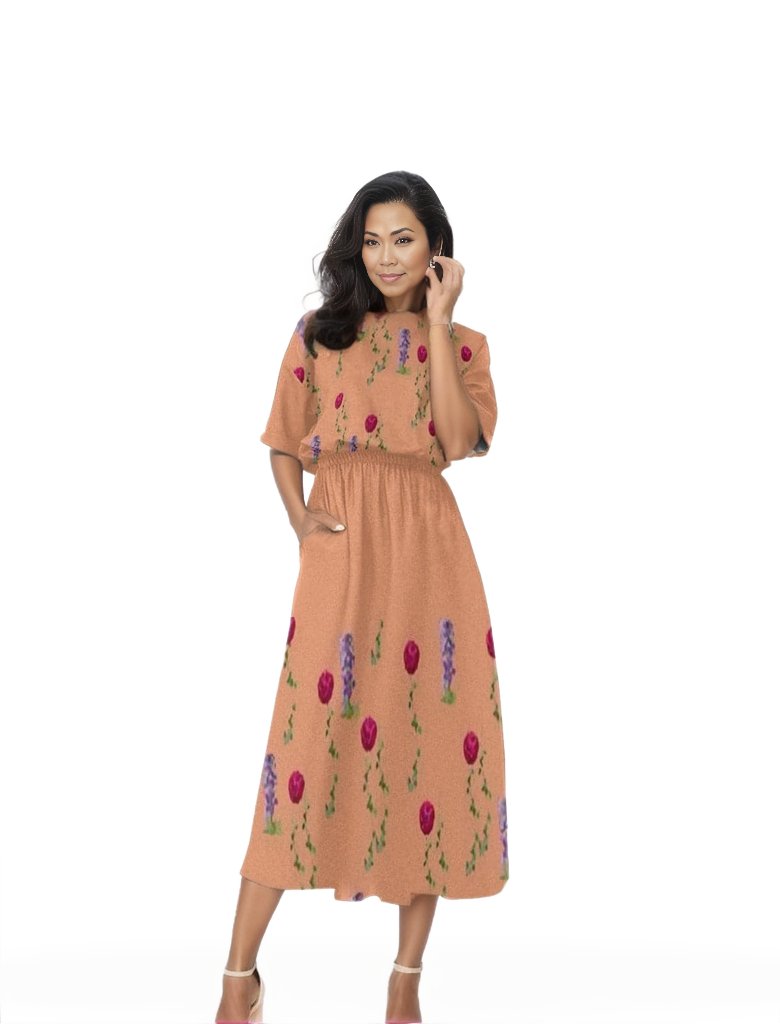 Peach Floral Womens Elastic Waist Dress - women's dress at TFC&H Co.