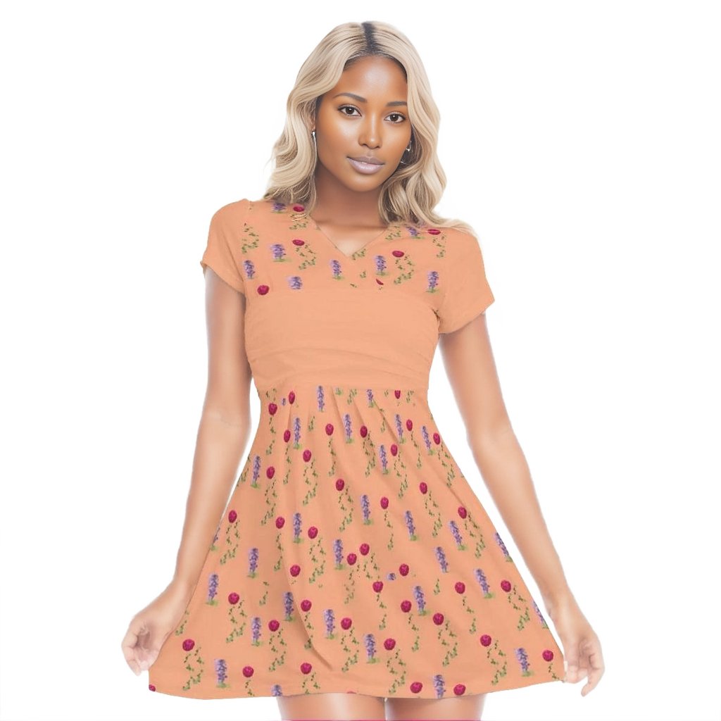 orange - Peach Floral Womens Layered V-Neck Baby Doll Dress - womens dress at TFC&H Co.